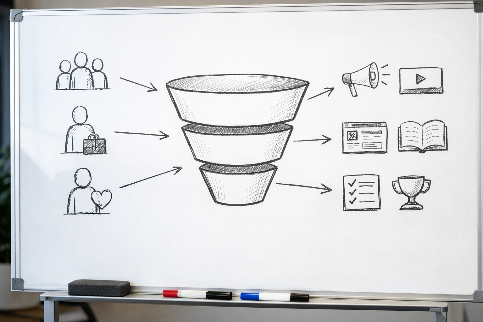 Whiteboard sketch showing audience segments, funnel stages and content types mapped together