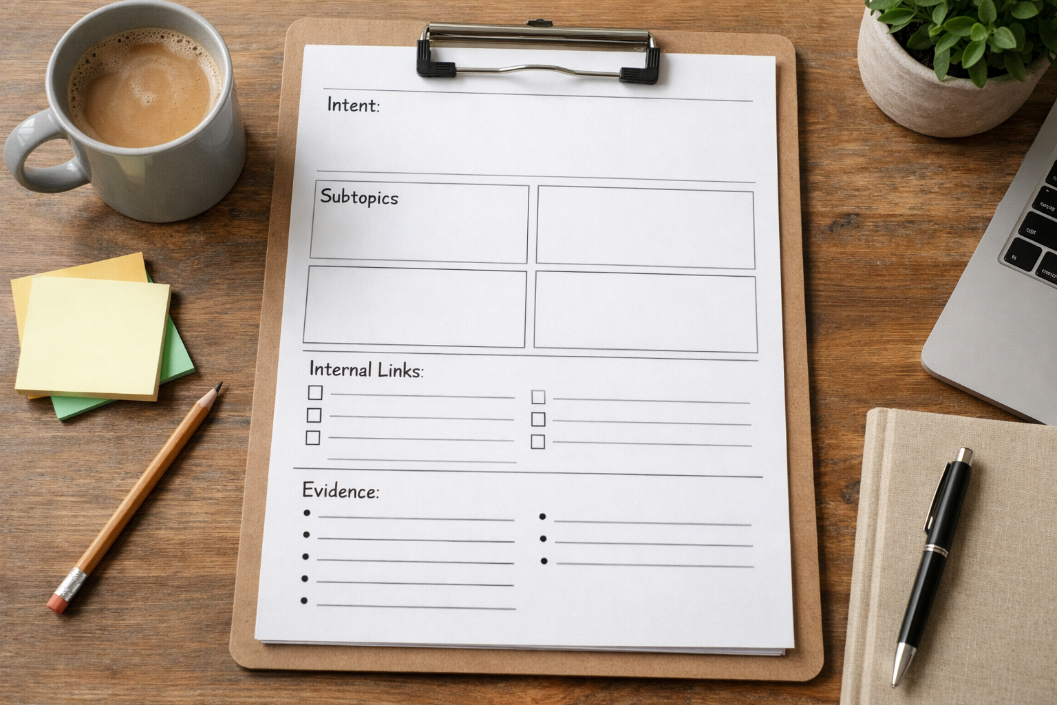 Content brief template showing intent, subtopics, internal links and evidence