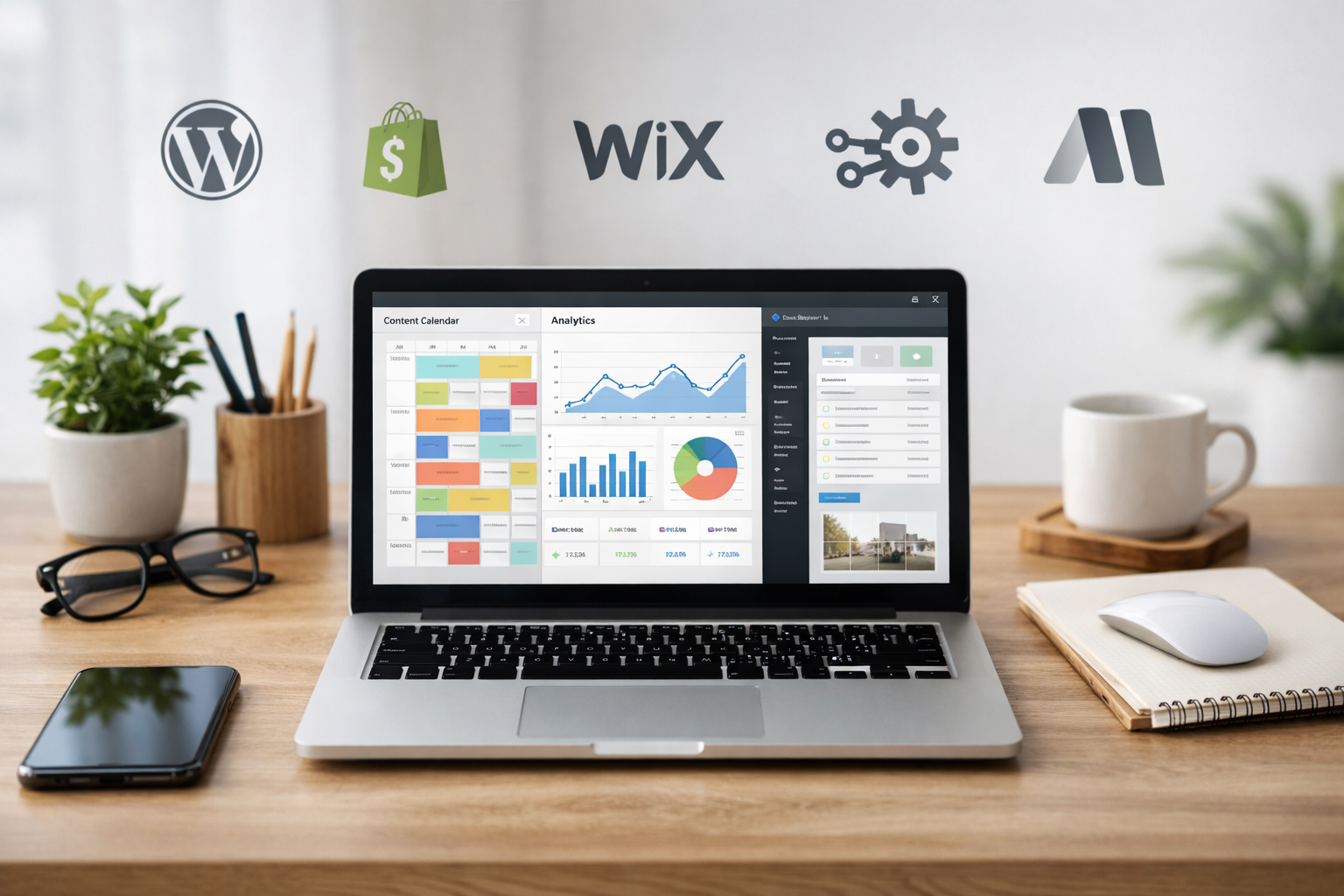 Content calendar and SEO workflow on a laptop with CMS and analytics dashboards