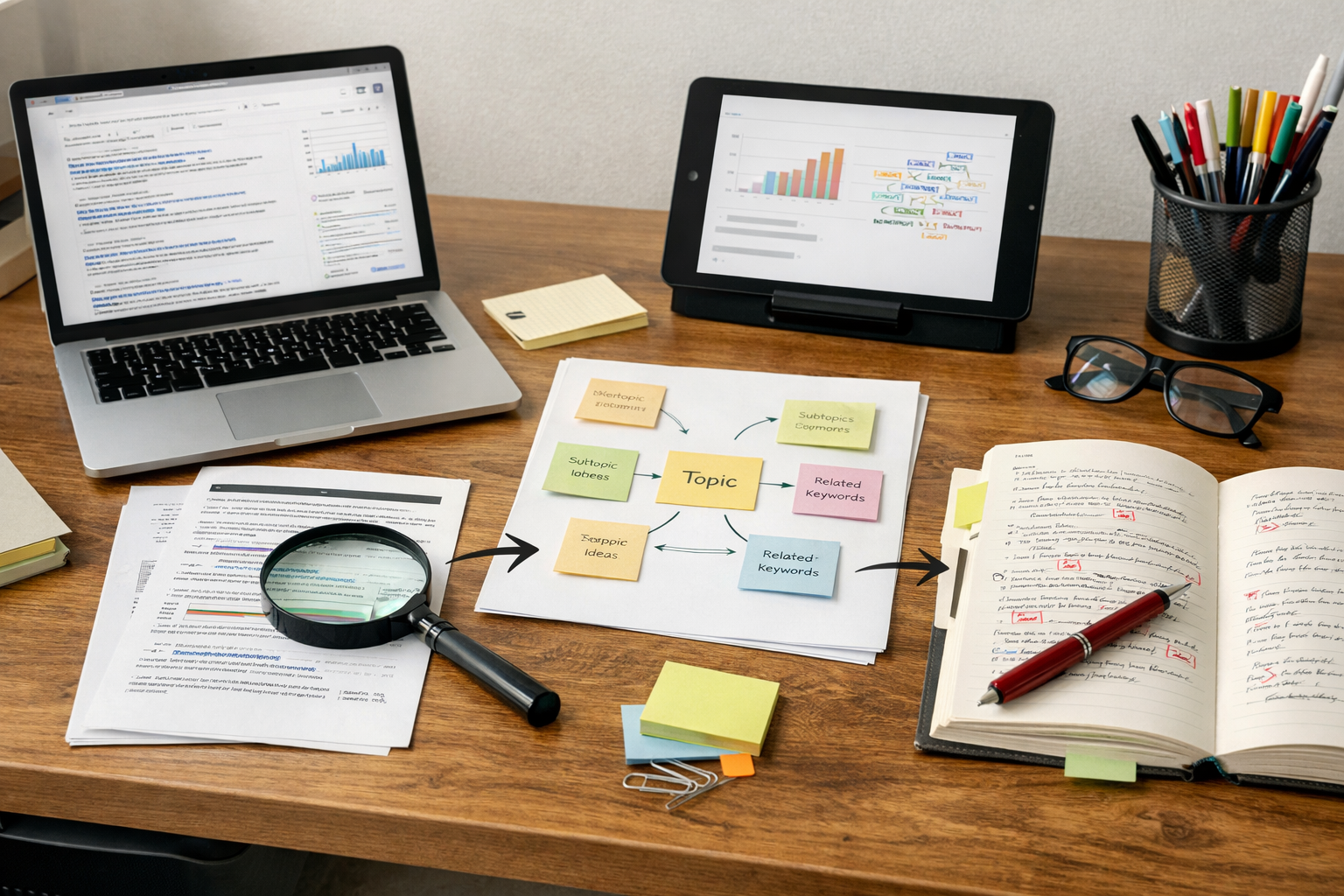 Diagram showing how tools analyse SERPs, extract topics, and guide editing