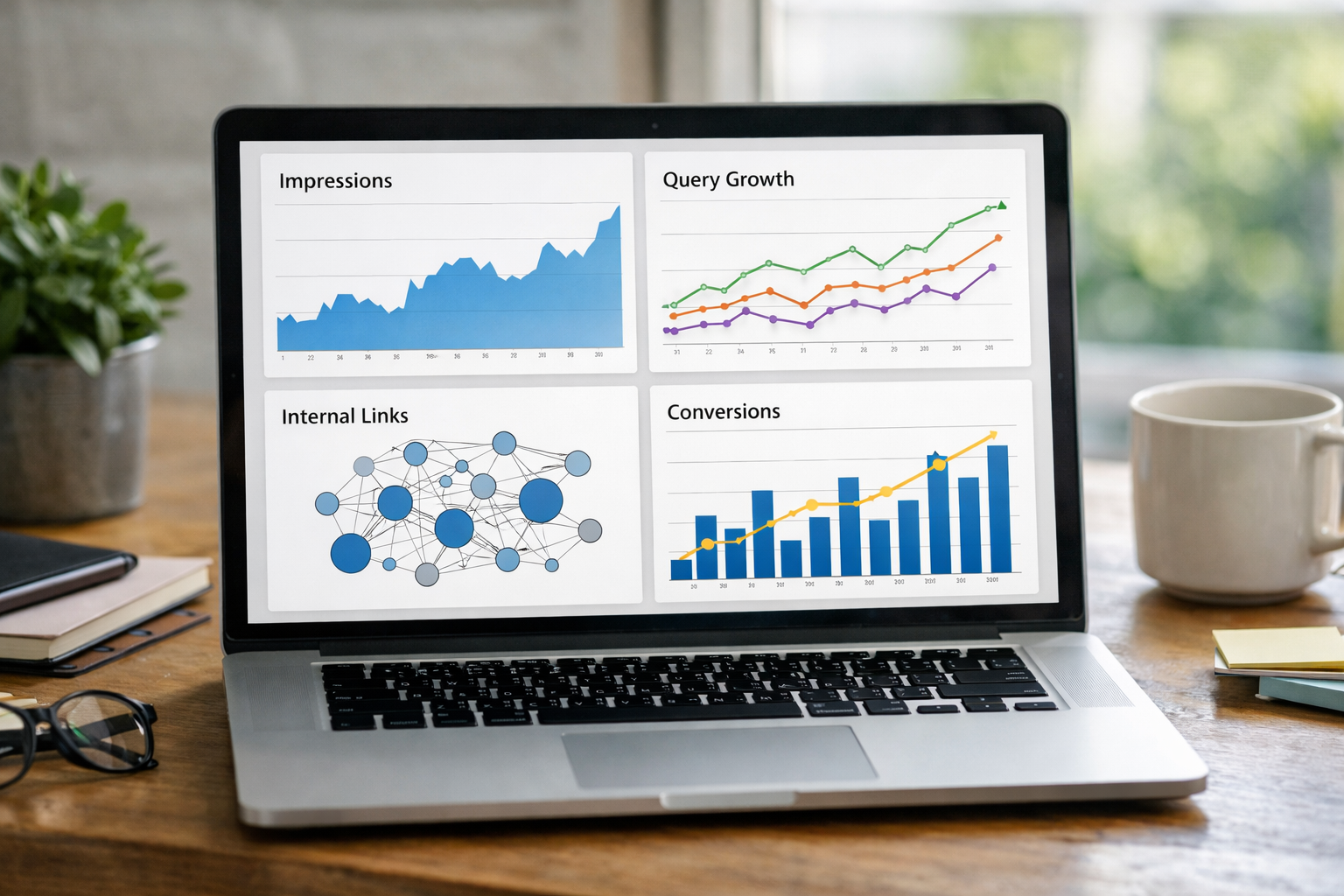Analytics dashboard visual highlighting impressions, query growth, internal links and conversions