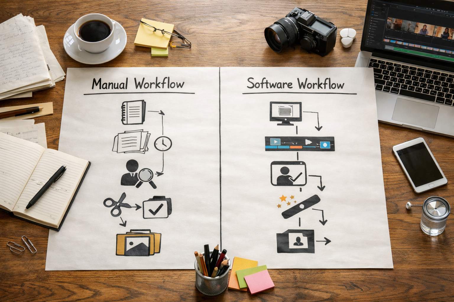 Flowchart comparing manual vs software workflows for content production