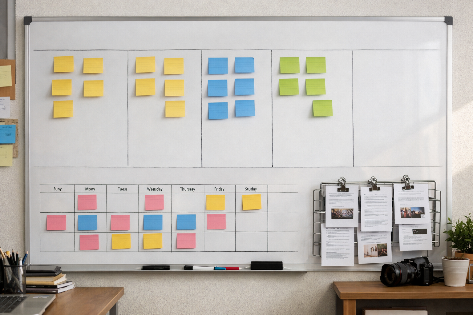Weekly workflow Kanban board with a content calendar and publishing queue