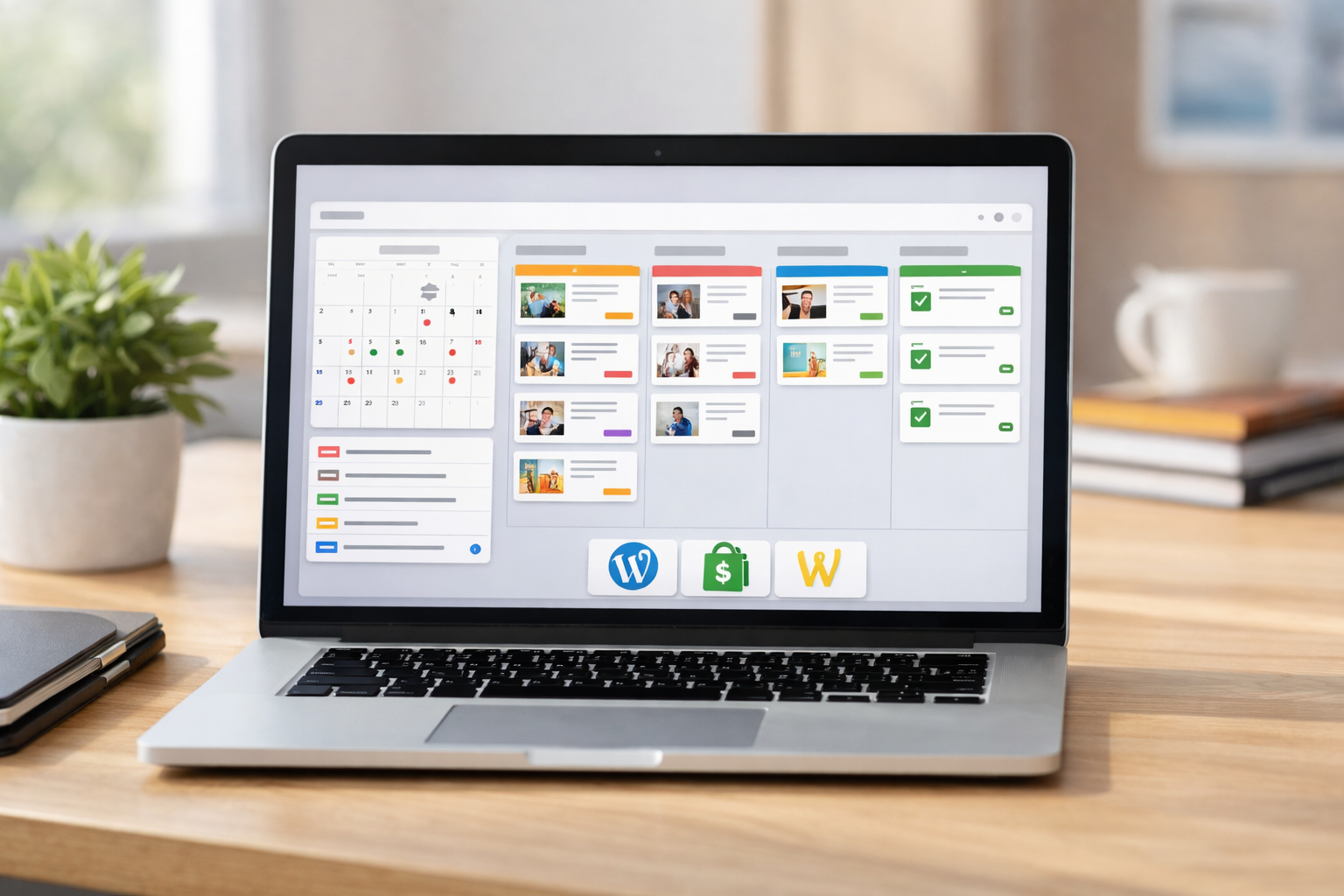 Editorial calendar dashboard showing scheduled posts and CMS publishing connectors