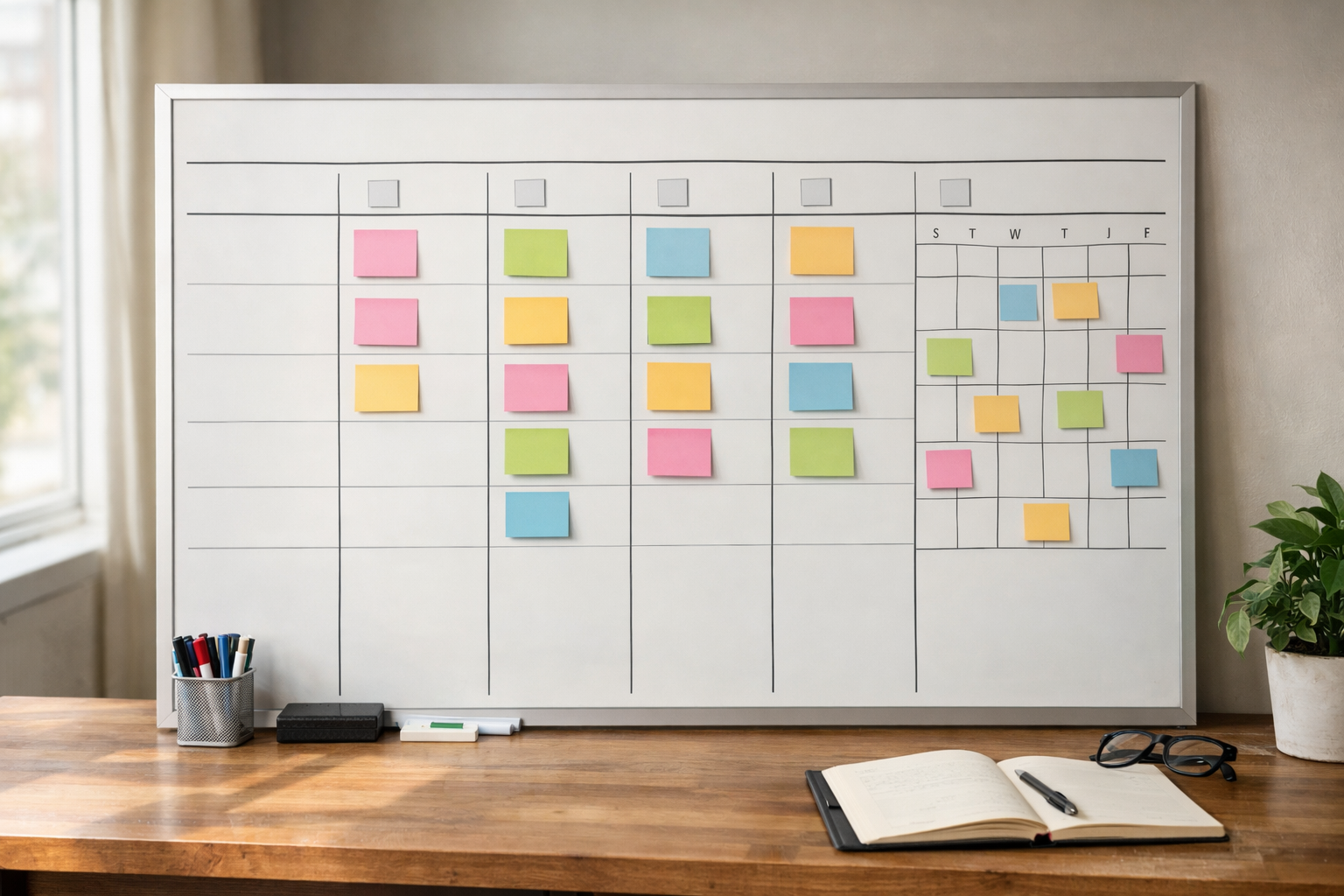 Drag-and-drop editorial calendar with status lanes and scheduled slots