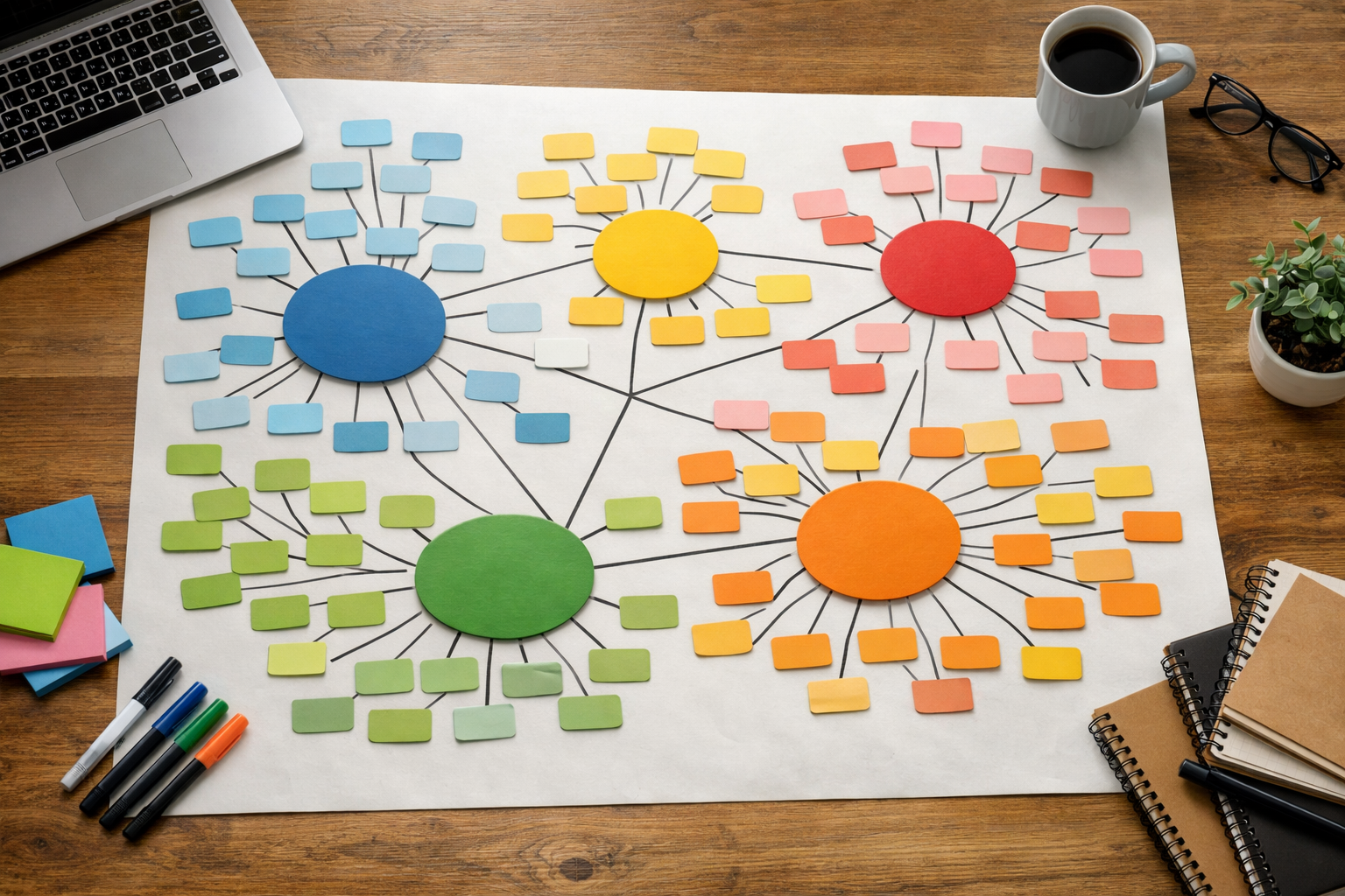 Keyword cluster map showing topic hubs and long-tail branches
