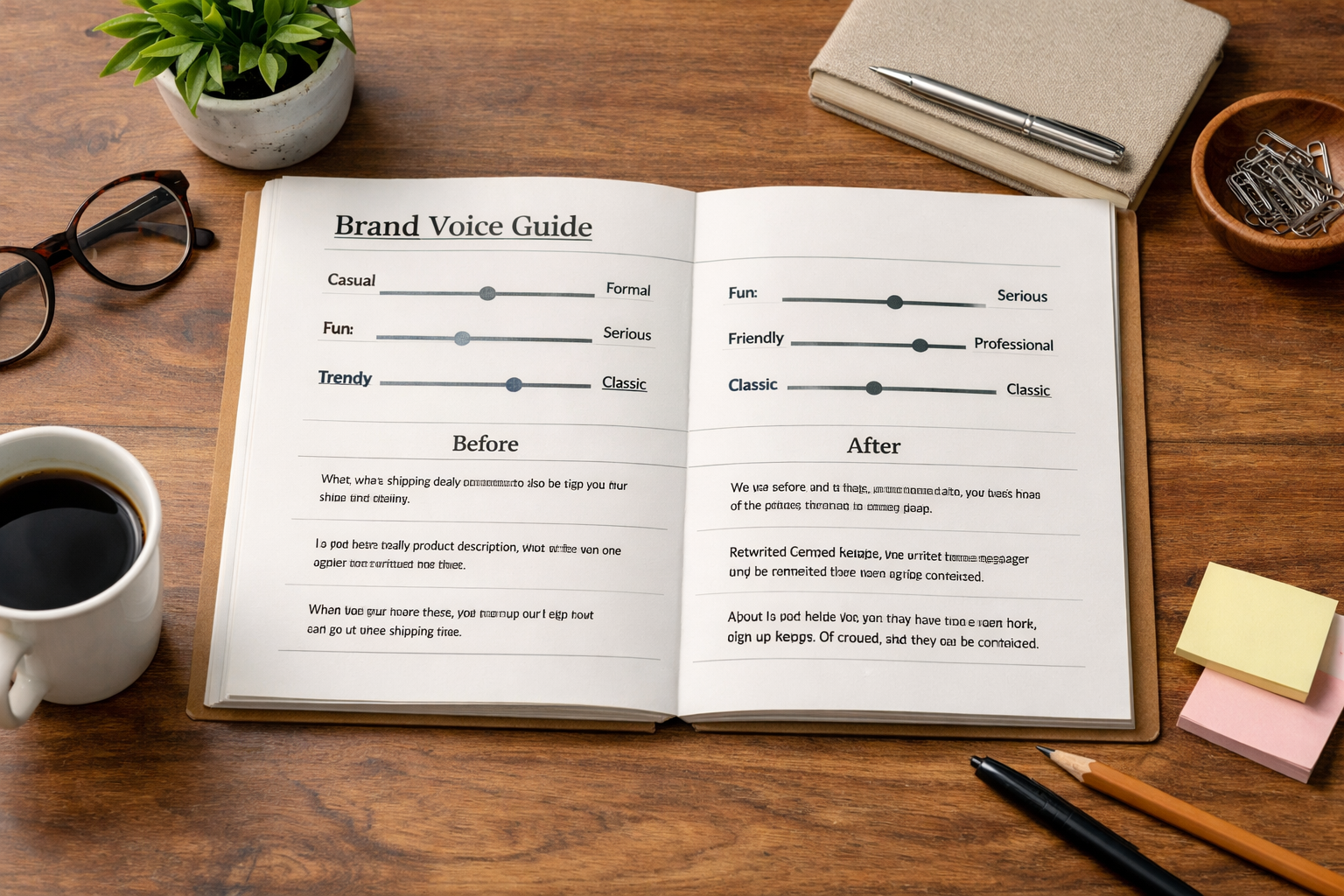Brand voice guide with tone sliders and example before-and-after sentences