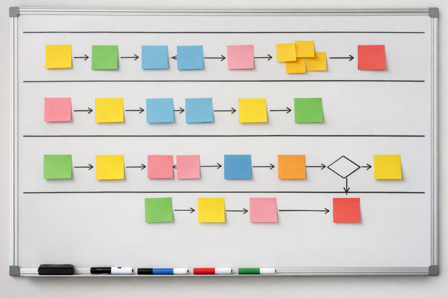Whiteboard-style workflow audit with swimlanes and sticky notes