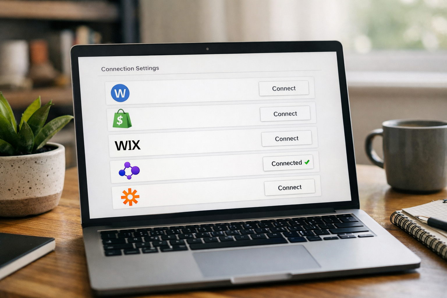 Connection settings screen showing WordPress, Shopify, Wix, Make and Zapier options